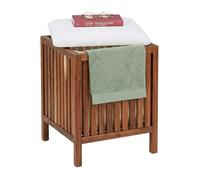 Relaxdays corbeille à linge 50 L avec assise - banc de salle de bain rangement 50x40x40, acacia/tissu marron/blanc