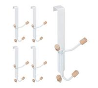 Relaxdays Crochet de porte, lot de 5, scandinave, patères en fer & bois, chambre, H x L x P 19 x 9 x 8 cm, blanc/nature