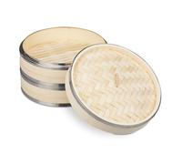 Relaxdays Cuiseur vapeur bambou, 2 niveaux, anneaux en métal, panier asiatique, riz, dimsum, légumes, Ø 24 cm, nature