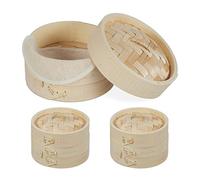 Relaxdays cuiseur vapeur bambou lot de 3, trois paniers asiatiques, 1-3 étages, riz, bamboo steamer Ø 13,5 cm, nature
