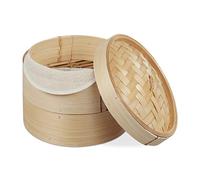 Relaxdays cuiseur Vapeur Bambou, Panier Asiatique avec 2 étages, pour Dim Sum, Riz, Bamboo Steamer, Ø 20,5 cm, Nature