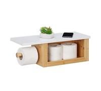 Relaxdays Dérouleur Papier Toilette avec étagère, Support en Bambou, Compartiment, HxLxP : 17x50x18 cm, Nature - Blanc
