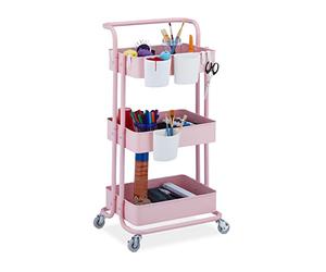 Relaxdays Desserte à roulettes, 3 Niveaux, 2 Freins, Multi-Usage pour Cuisine & Bureau, en métal, HLP : 86x38x39cm, Rose