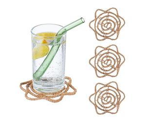 Relaxdays Dessous de Verre, Lot de 4, Feuille de Palmier, pour Tasses & jarres, Design bohème, LxP : 10x10 cm, Nature