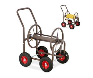 Relaxdays Dévidoir arrosage, Jusqu’à 60 m de Tuyau, 4 Roues à Caoutchouc Dur, attelage à clic, Enrouleur, Marron