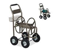 Chariot dévidoir Relaxdays, jusqu'à 90 m, 4 roues pneumatiques, raccord à encliquetage, tambour métallique, dérouleur de tuyau avec panier, marron