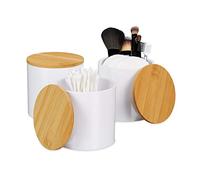 Relaxdays Distributeur Coton Démaquillant, Range Organiseur avec Couvercle Set de 3, Nature-Blanc