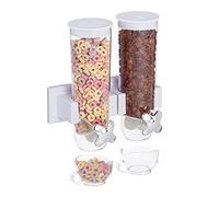 Relaxdays Distributeur de céréales Double, Montage Mural, muesli, cornflakes, Fruits secs, Bonbons, Plastique, Blanc