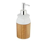 Relaxdays Distributeur de savon bambou, céramique, rechargeable, 225 ml, pompe, salle de bain, WC, nature/blanc, plastique, One size