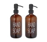 Relaxdays Distributeur de Savon, Lot de 2, Porte-Savon Liquide, Rechargeable, tête de Pompe, Inscription, 500 ML, Marron