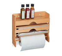 Relaxdays Distributeur papiers cuisine bambou mural 3 en 1 (essuie-tout, film, alu) étagère intégrée