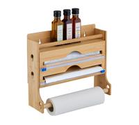 Relaxdays Distributeur papier aluminium et film alimentaire 3 en 1, porte-rouleaux mural, bambou, 30,5x36,5x12cm, nature