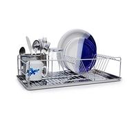 Relaxdays Égouttoir à Vaisselle en acier inoxydable chromé avec bac de récupération d'eau et porte couverts 33 x 48 x 12 cm panier à couverts place pour assiette tasse bol métal brillant, argenté