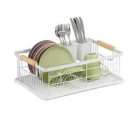 Relaxdays égouttoir, panier à couverts et bac de séchage, support à vaisselle de cuisine, plastique, métal, blanc