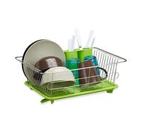 Relaxdays Égouttoir vert en acier inoxydable, avec bac plastique, porte-couverts, hxlxp: 15,5x40x30cm, vert/argenté