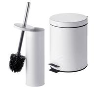 Relaxdays Ensemble 2 pièces: Brosse WC et Poubelle 5 L en métal, Blanc, Fermeture Douce