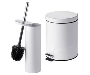 Relaxdays Ensemble 2 pièces: Brosse WC et Poubelle 5 L en métal, Blanc, Fermeture Douce