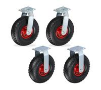 Relaxdays Ensemble 2X roulettes Fixes + 2X pivotantes, pneumatiques 3.00-4, avec Plaque, 120 kg, Noir/Rouge