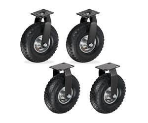Relaxdays Ensemble 2X roulettes Fixes + 2X pivotantes, pneus gonflables 3.00-4, Charge 120 kg, Noir/Argent