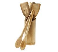Relaxdays Ensemble d'ustensiles de Cuisine avec Support 6 Pièces en bambou 30 cm spatule fourchette cuillère pince à salade, nature