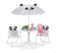 Relaxdays ensemble enfant camping motif panda avec parasol, chaises pliantes et table, jardin, blanc