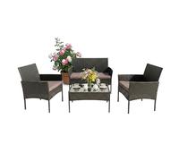 Relaxdays Ensemble Jardin 4 pcs, rotin, pour 4 pers. - canapé 2 Places, 2 fauteuils, Table Verre, extérieur, Noir
