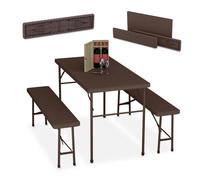 Relaxdays Ensemble table pliante et 2 bancs, pour jardin, pavillon ou camping, 120 cm, aspect rotin, marron