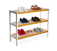 Relaxdays Étagère à Chaussures, H x L x P : 55 x 70 x 26 cm, Bambou, 3 Niveaux, 9 Paires, Naturel/Blanc