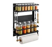 Relaxdays étagère à épices, 2 niveaux, noir | organiseur de cuisine magnétique, porte-essuie-tout, 10 crochets, métal