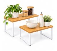 Relaxdays étagère à épices 2x, placard/plan de travail, naturel/blanc | H : 14/16 cm, L x P : 30 x 18,5 cm, étagère de cuisine empilable, MDF, métal, range-épices
