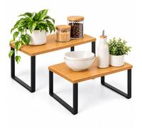 Relaxdays étagère à épices 2x, placard/plan de travail, naturel/noir | H : 14/16 cm, L x P : 30 x 18,5 cm, étagère de cuisine empilable, MDF, métal, range-épices