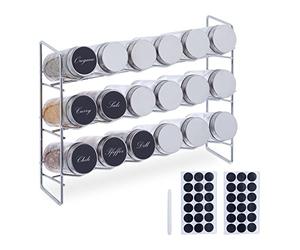 Relaxdays Étagère à épices avec 18 Pots en Verre, 36 étiquettes, Conservation épices, HxLxP : 22 x 29 x 9,5 cm, argenté