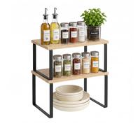 Relaxdays Étagère à épices, Lot de 2, Naturel-Noir | Étagère de cuisine, armoire et plan de travail ; porte-épices empilables ; MDF et fer