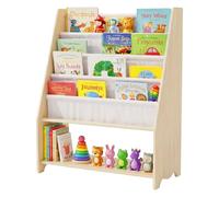 Relaxdays Étagère à Livres pour Enfants, 78x64x28 cm, 4 Pochettes en Tissu & Tablette, Montessori, Bois Blanc/Naturel