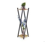 Relaxdays Étagère à plantes, 2 surfaces effet bois, tabouret moderne fleur, HLP : 99x29x29 cm, colonne, noir-brun clair