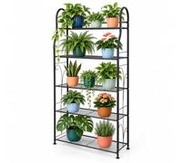 Relaxdays Étagère à plantes, 5 niveaux, noire | Présentoir à fleurs, H x L x P 144 x 71 x 24,5 cm, acier enduit de poudre, 12 kg par tablette, ornements courbés