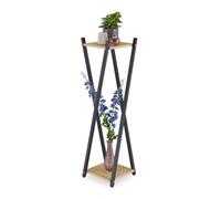 Relaxdays Étagère à plantes, 2 surfaces effet bois, tabouret moderne fleur, HLP : 99x29x29 cm, colonne, noir-brun clair