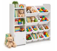 Relaxdays étagère chambre d'enfant, blanc | Meuble à jouets, 12 bacs, 4 compartiments, H x L x P : 100 x 112 x 30 cm, MDF, plastique, acier, anti-basculement