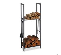 Relaxdays Etagère Cheminée 150x60x30 cm étagère à bûches 2 niveaux bois porte-bûches range buche 4 crochets, anthracite