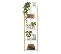 Relaxdays Étagère d'angle, Blanche/Naturelle | 143,5 x 38 x 25 cm, 5 niveaux, étagère salon sur pied, MDF, bambou