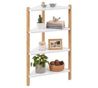 Relaxdays Étagère d'angle sur Pied, Blanche/Nature | 80 x 46 x 25 cm, 4 tablettes, salon, salle de bains, MDF, bambou