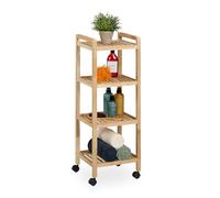 Relaxdays Étagère de Salle de Bain, Bois, avec roulettes, 4 Niveaux, HLP : 97x35x31 cm, Aussi pour la Cuisine, Nature