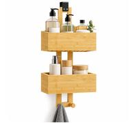 Relaxdays étagère de douche suspendue, 2 compartiments, 40x20x9 cm | Étagère de douche en bambou sans perçage, trous d'évacuation, pour portes vitrées et cabines de douche