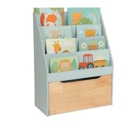 Relaxdays Étagère Enfant, H x l x P : 80 x 60 x 30 cm, 4 Compartiments, Coffre à Jouets sur roulettes, Turquoise/Nature