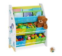 Relaxdays Étagère enfant motif marin, 6 bacs, 2 étagères, rangement jouets, 74 x 62 x 31,5 cm, multicolore