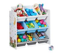 Relaxdays Etagère Enfants, 9 boîtes de Rangement, Motifs feu, MDF, Plastique, Meuble HxlxP 67 x 65 x 31,5 cm, coloré
