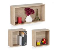 Relaxdays Étagère murale carrée, lot de 3, aspect bois, 2 tailles, rectangulaire & carré, rangement mural cube, nature