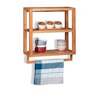 Relaxdays Etagère murale en bambou, 3 étages, barre pour serviette, salle de bain, HLP 58,5 x 52 x 21 cm, naturel