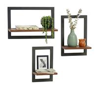 Relaxdays Étagère Murale, Lot de 3, métal et MDF, 3 Tailles, Marron/Noir | pour cadres et déco, style industriel