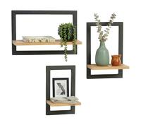 Relaxdays Étagère Murale, Lot de 3, métal & MDF, 3 Tailles, Salon | étagère suspendue pour cadres & déco, naturel/noir